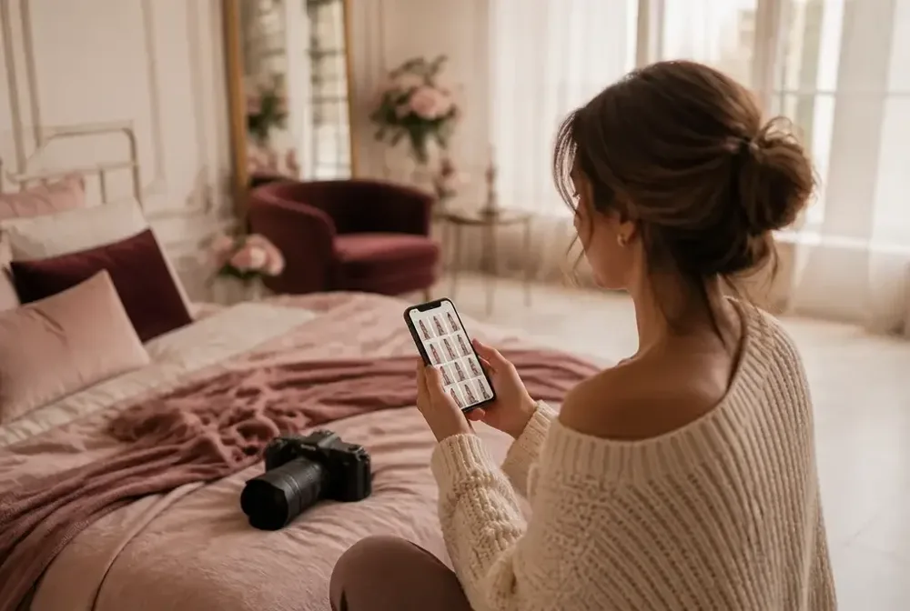 Photographe consultant des références de poses boudoir sur son téléphone avant la séance